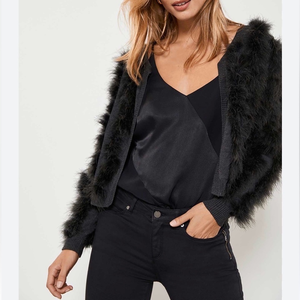 Mint Velvet | Black Viscose Blend Feather Embellished Open Knit Cardigan Large